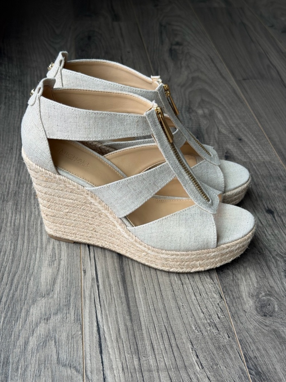Michael Kors Damita Espadrille Wedge Sandals with Gold Zipper - Linen Look - 8